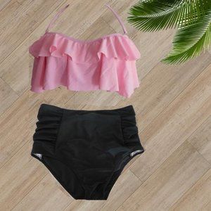 Pink Halter Sleeveless Plain Tie-Up High Waist Two Piece Bikinis